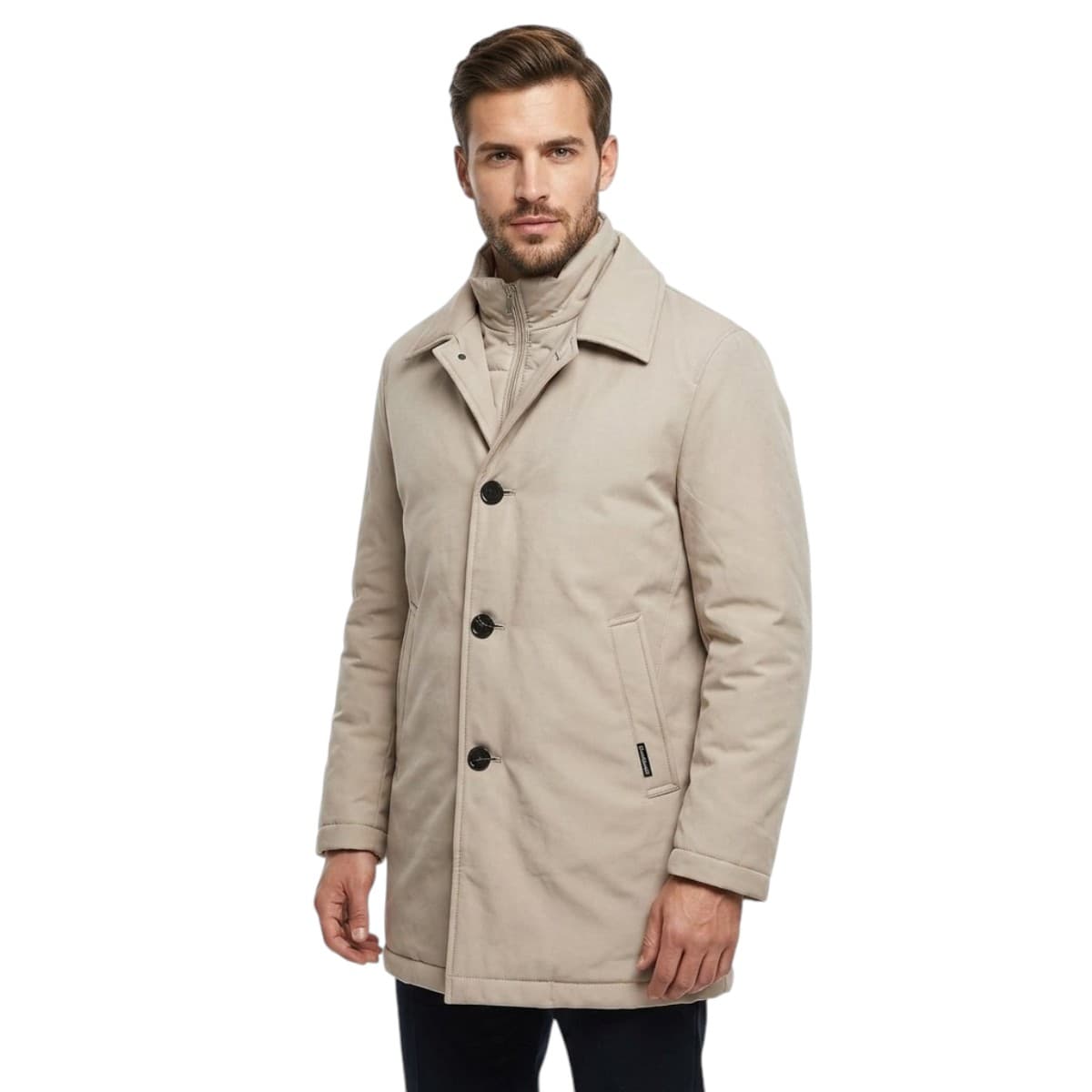 Gabardina Elegante Beige  con Cuello Alto Interior