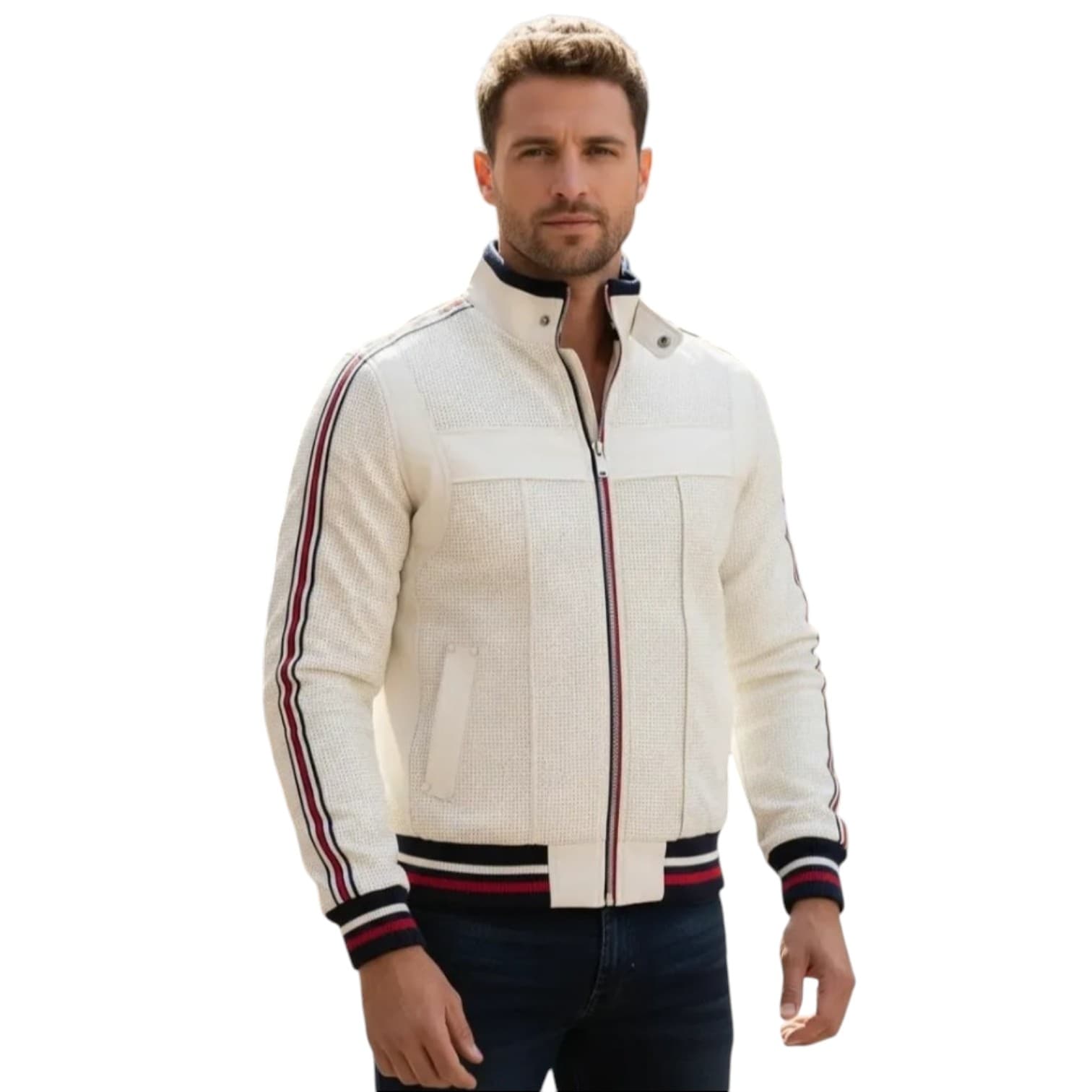 Chamarra Bomber Blanca Diseño Deportivo para Hombre